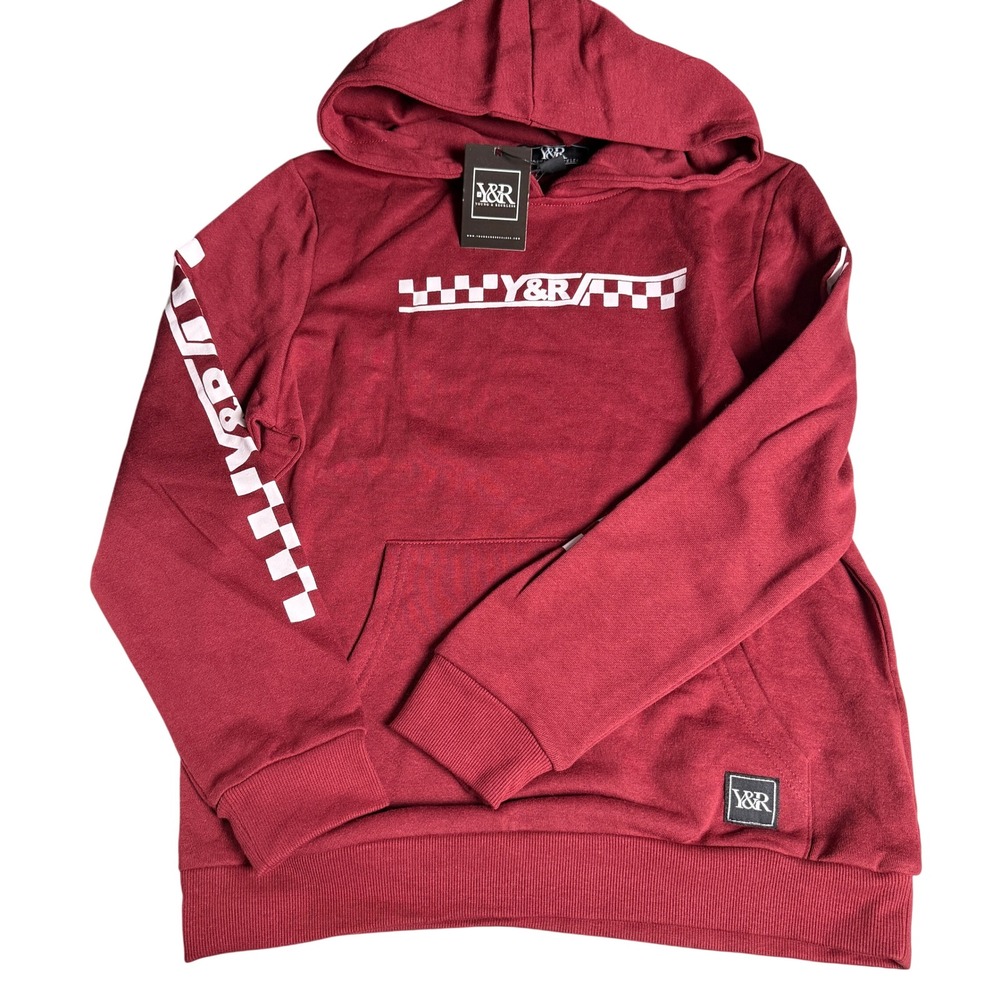 Young & Reckless Mens Hoodie M Pullover Maroon Checkered Graphic Streetwear Logo